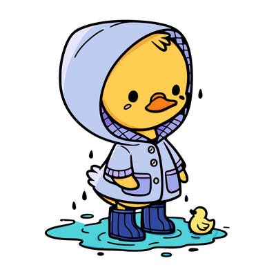 baby duck in a rain coat and boots, in a puddle while it’s raining