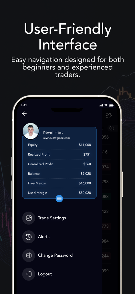 ActTrader - ActTrader mobile app interface showing user profile and trading account statistics