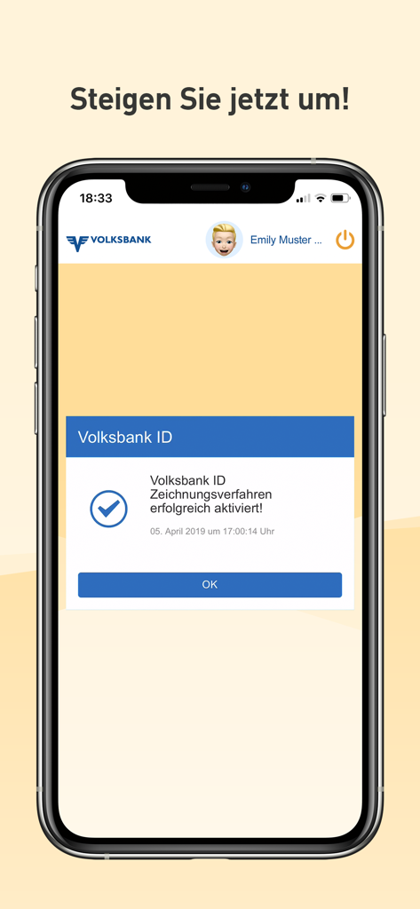 Volksbank ID - Volksbank ID app activation success message on a smartphone