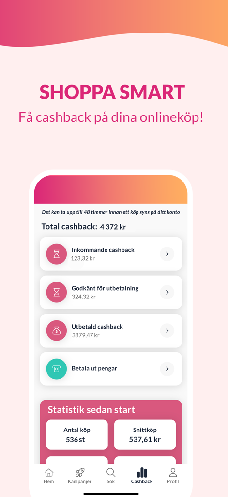 Interface de l'application Refunder affichant le cashback total gagné et les statistiques d'économies