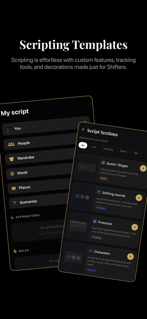 LifaPhone app screenshot showing customizable scripting templates and sections for reality shifting including character and journal logs