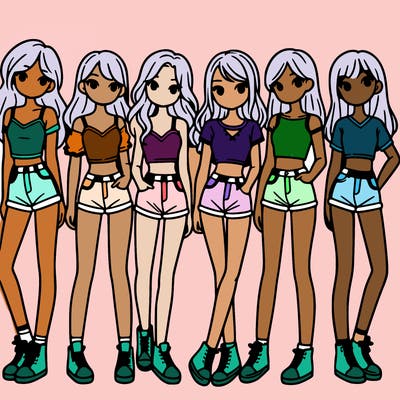 a group of girls wearing crop tops and shorts