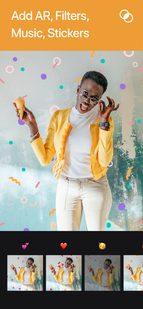 Momento app interface showing photo editing with AR stickers and filters