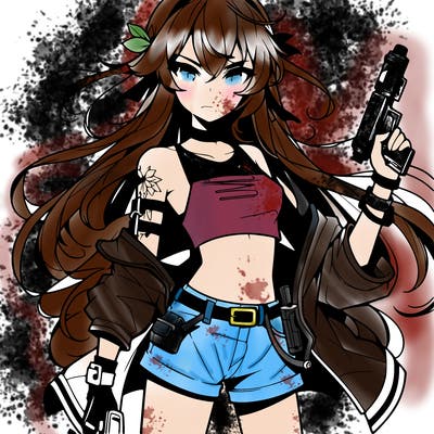 bad girl wearing crop top holding a gun long hair anime
