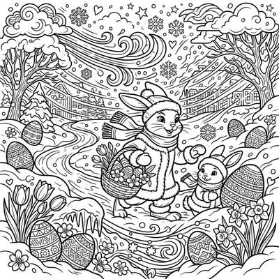 Experience a one-of-a-kind Easter celebration with this charming Pop Art coloring page. Delight in two festive bunnies navigating a whimsical snowy landscape adorned with decorated eggs and blooming spring flowers.