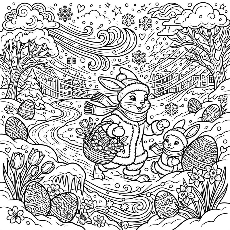 Experience a one-of-a-kind Easter celebration with this charming Pop Art coloring page. Delight in two festive bunnies navigating a whimsical snowy landscape adorned with decorated eggs and blooming spring flowers.