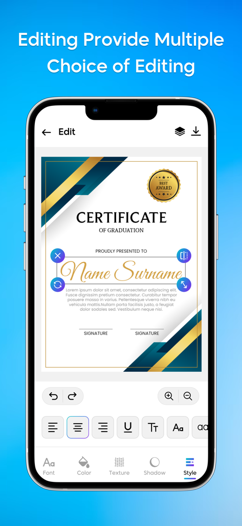 Certificate Maker - eCards - Mobile interface of a certificate maker app showing customization options for a graduation award