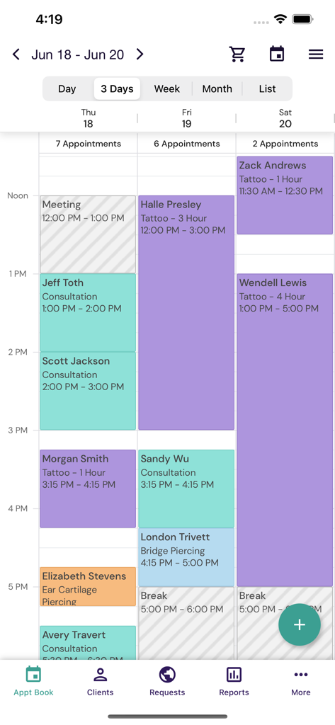 Mobile Terminbuchungs-Oberfläche mit einem dreitägigen Zeitplan für ein Dienstleistungsunternehmen