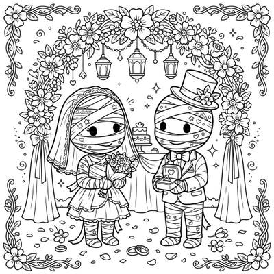Celebrate eternal love with a delightfully unusual twist! This charming coloring page features adorable child mummies as a bride and groom, ready to say 'I do' under a beautiful floral arch.