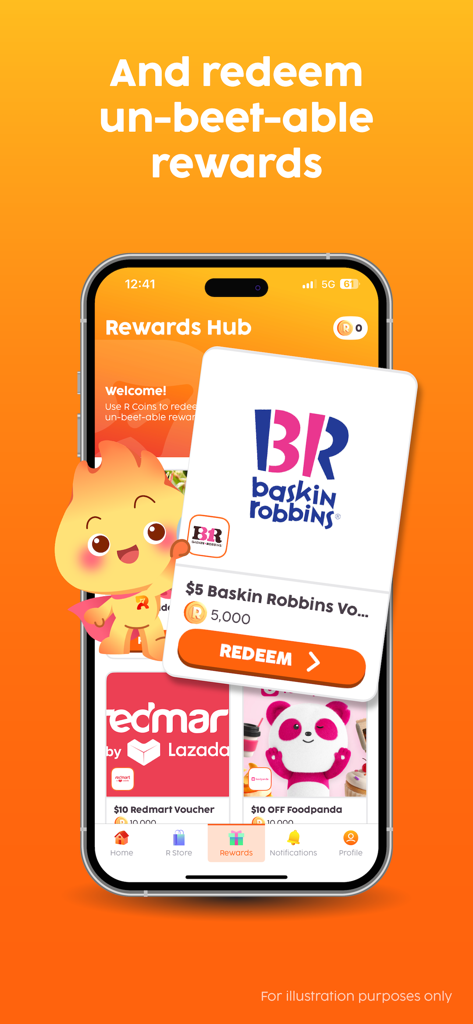 Reward Land - A mobile screen from Reward Land showing the Rewards Hub with options to redeem R Coins for gift vouchers from brands like Baskin Robbins and Foodpanda.
