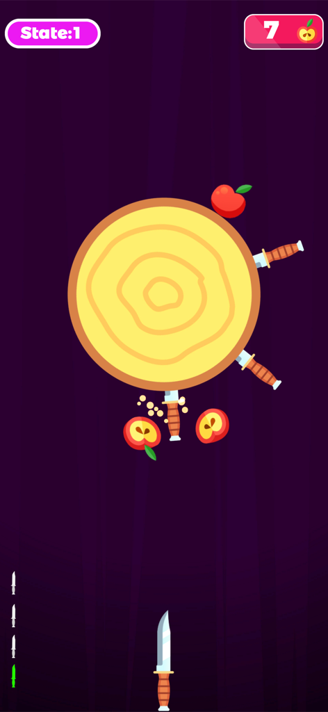 Knife Hit Challenge Game - 사과가 잘린 회전하는 나무 타겟을 조준하는 나이프 히트 챌린지 게임 플레이