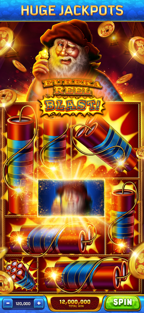 Dancing Drums Slots Casino - Dancing Drums Slots Eureka Reel Blast game screen with a gold miner and dynamite symbols