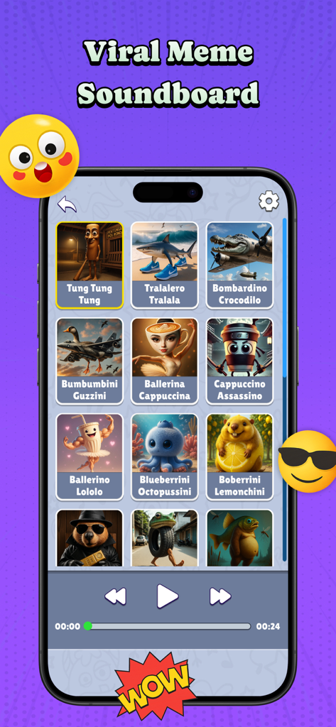 Italian Brainrot Soundboard AR - Viral meme soundboard featuring a grid of surreal Italian-themed characters like Tung Tung Tung and Bombardino Crocodilo.