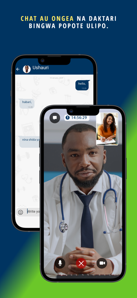 Mobile app interface showing video call and chat options with a specialist doctor in TanzMED.