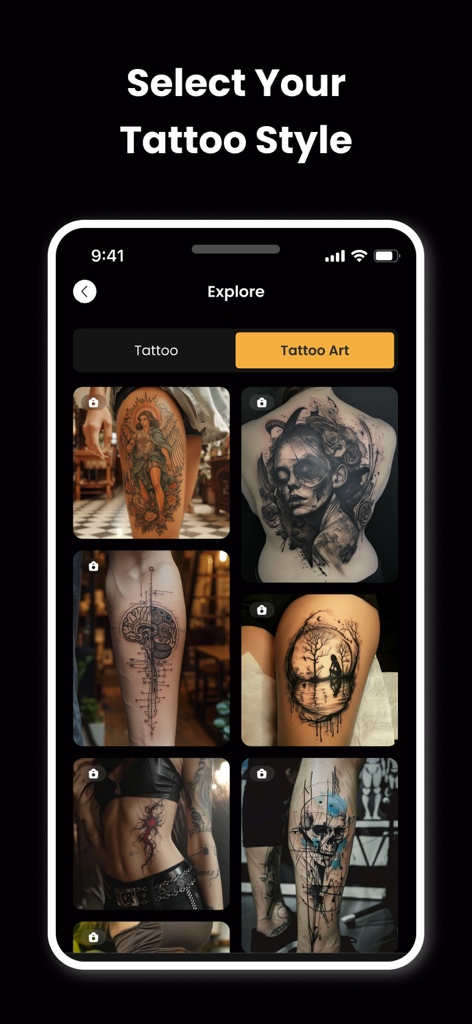 AI Tattoo Generator: Designs - App screen displaying a gallery of diverse AI-generated tattoo art styles on different body parts.