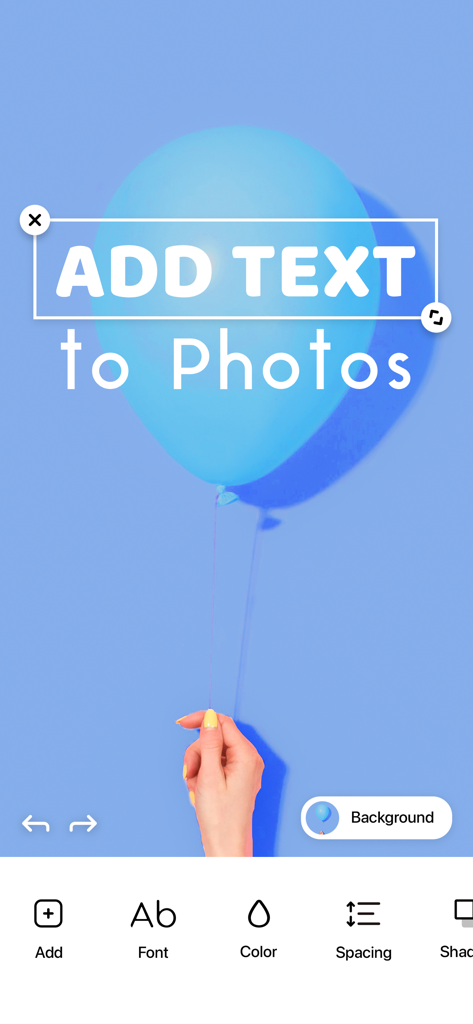 User interface of Art Word app adding custom text to a photo of a blue balloon.