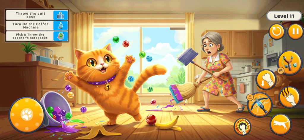 Kitty Punch : Cat Simulator - A ginger cat causing chaos in a kitchen while a woman with a broom looks on in surprise in Kitty Punch Cat Simulator