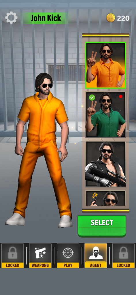 Jailbreak Fury - Character selection menu in Jailbreak Fury featuring John Kick in a prison jumpsuit