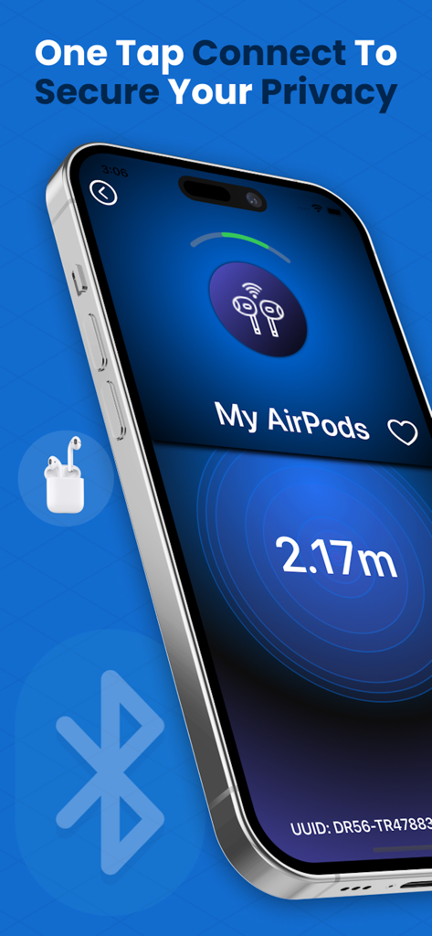 Bluetooth Scanner IO - Interfaz de la aplicación Bluetooth Scanner IO que muestra el seguimiento de distancia para AirPods perdidos