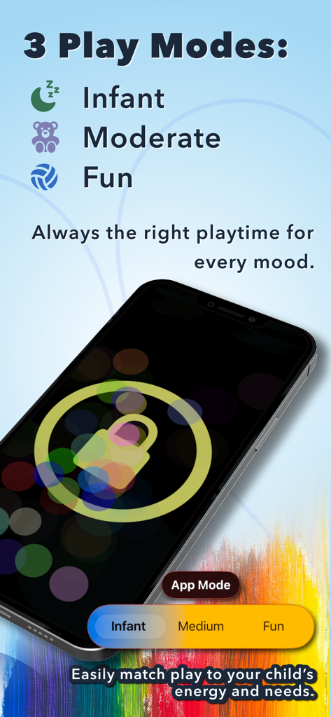 Interface of the BabyPhone app showing settings for Infant, Moderate, and Fun play modes.