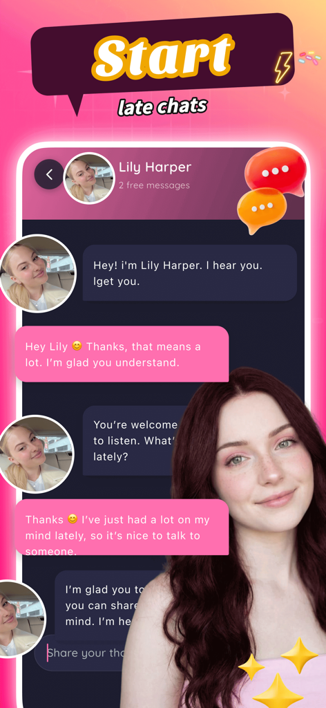 Una captura de pantalla de la interfaz de la aplicación Anyou que muestra una conversación de chat nocturna con un personaje de IA llamado Lily Harper.