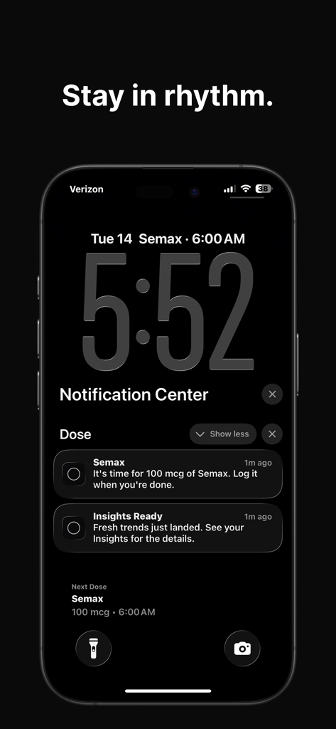 Dose: Peptide Tracker - iPhone lock screen displaying peptide dose reminders and health insight notifications from the Dose app