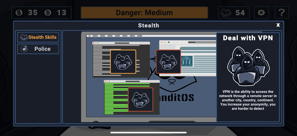 Hacker Simulator. Hacking Game - Interfaz del juego Hacker Simulator mostrando el menú de habilidades de sigilo y detalles de la mejora de VPN