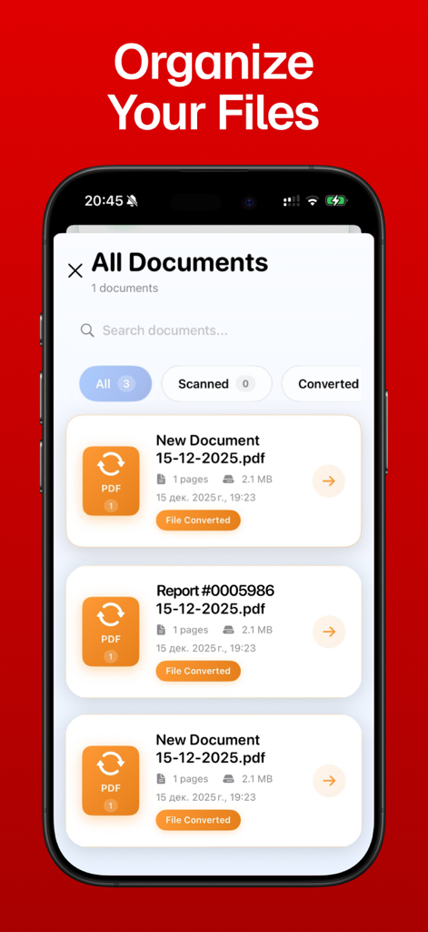 Uma tela de smartphone mostrando uma lista de documentos PDF convertidos e digitalizados em um gerenciador de documentos.