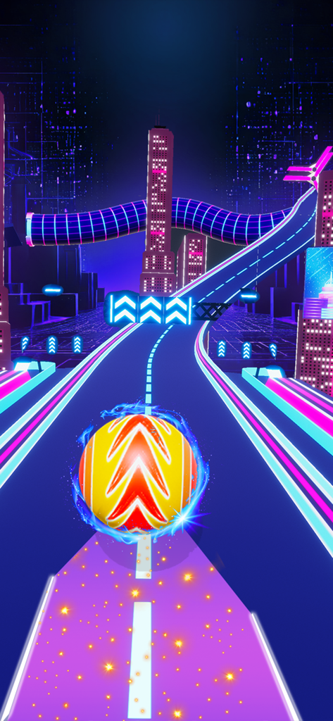 A glowing music ball racing through a vibrant neon-lit cyberpunk city track in Beat Ball Music Run