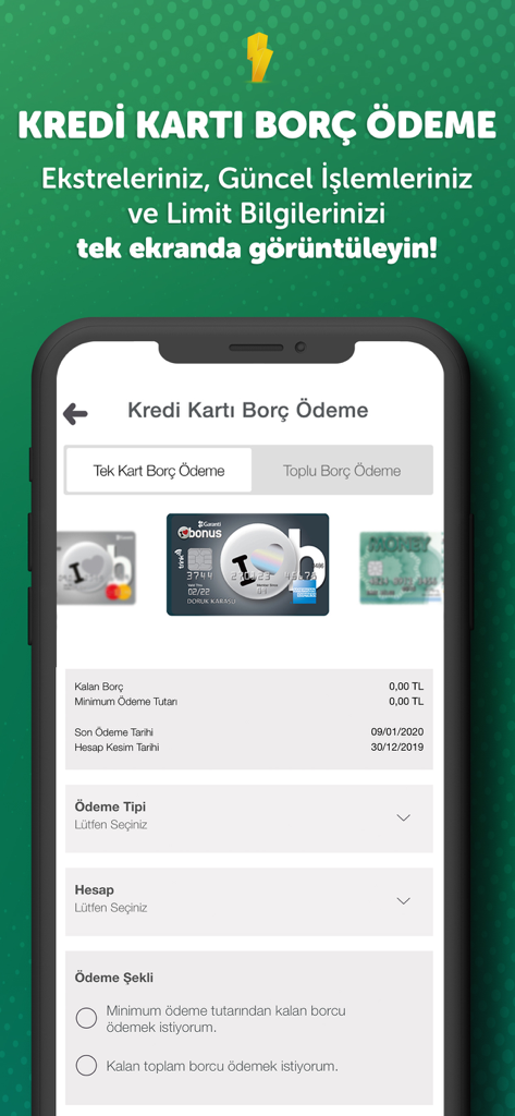 BonusFlaş mobile app interface for credit card debt payment featuring Garanti BBVA credit cards and balance information