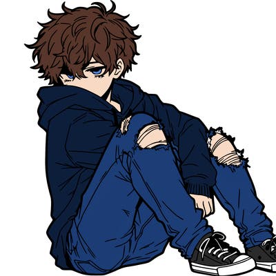 a male hoddie ripped jeans messy hair anime