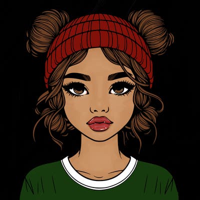 realistic girl with buns in her hair with a beanie on