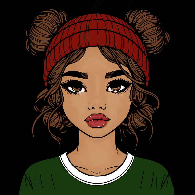 realistic girl with buns in her hair with a beanie on