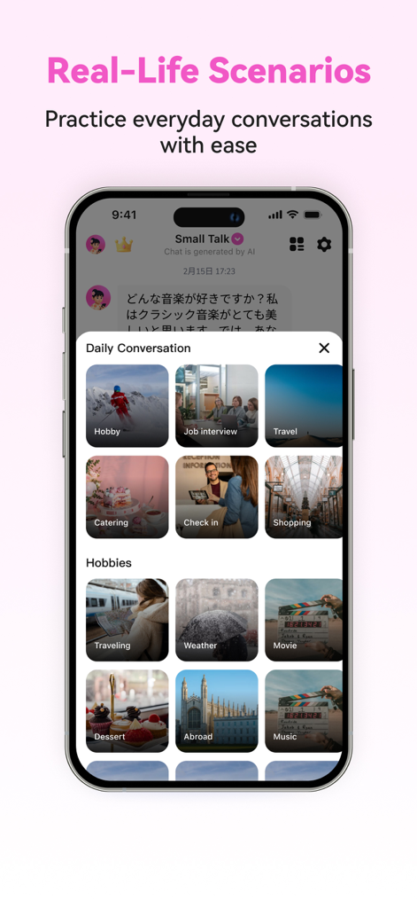 Japanese Ai - Your AI Tutor - Interfaz de la aplicación Japanese Ai que muestra varios escenarios de conversación de la vida real como viajes, compras y entrevistas de trabajo.