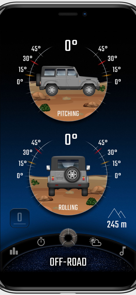 Digital Cockpit - CARID - Digital Cockpit CARID app displaying off-road inclinometer with pitch and roll gauges.