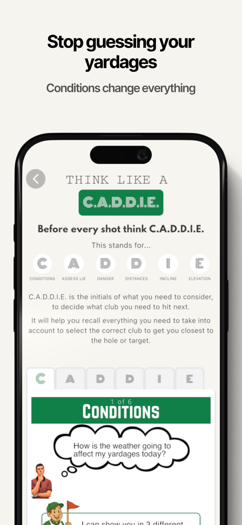 Paddy the Caddie Golf Yardages - Screenshot of Paddy the Caddie app explaining the C.A.D.D.I.E. acronym for golf strategy