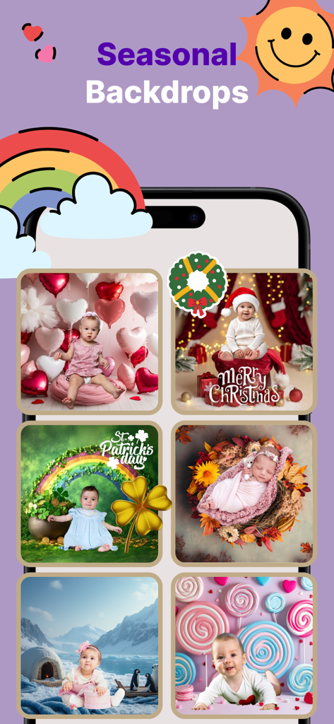 A collection of seasonal baby photo backdrops including Christmas, St. Patrick's Day, and Valentine's themes.