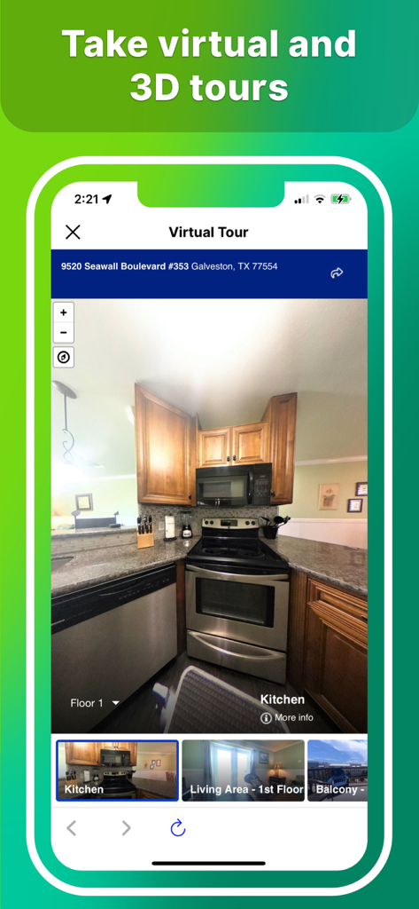 Homes And Rentals - Una captura de pantalla de la aplicación HAR.com que muestra un tour virtual 3D de una cocina en una casa de Texas