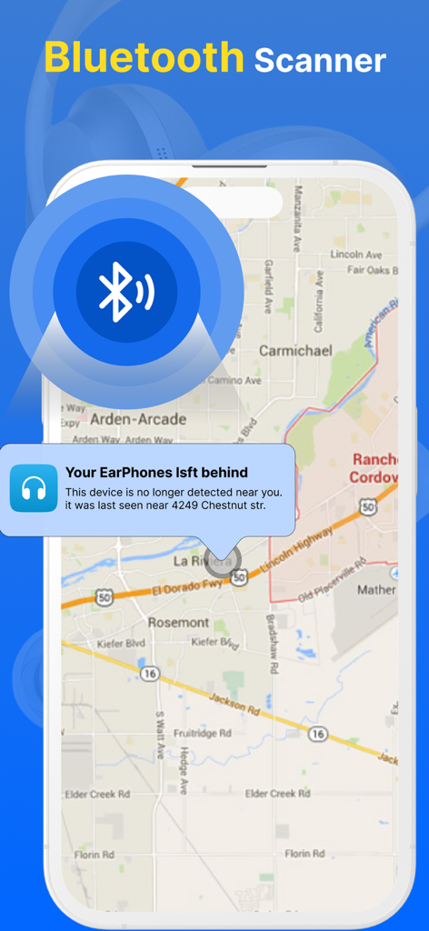 Bluetooth Finder : Ble Scanner - Bluetooth scanner app showing the last seen location of lost earphones on a map