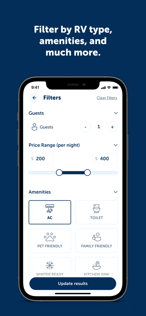 RVezy - RV & Trailer Rental - RVezy app filter screen showing options for guest count price range and amenities like pet friendly and AC