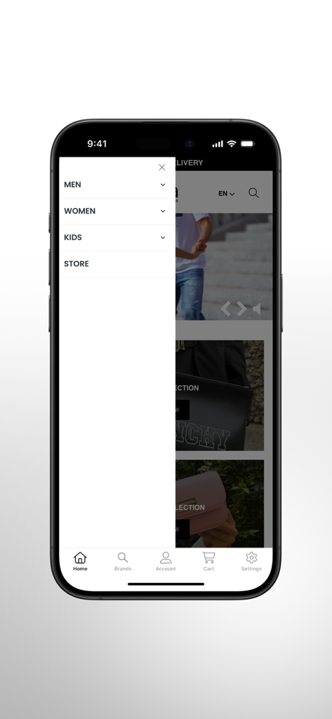 Moda di Andrea - Menu di navigazione dell'app di shopping Moda di Andrea che mostra categorie per uomo, donna e bambino