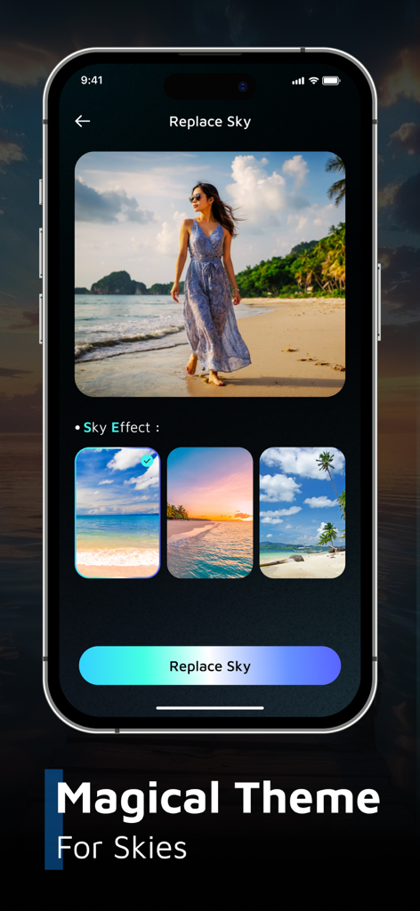 AI Sky Replacement Sky Changer - UI of AI Sky Replacement app featuring a beach photo edit with magical sky themes