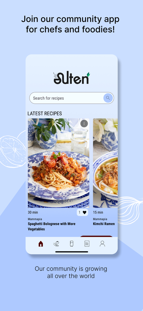 Sulten - Sulten app interface displaying latest recipes and a search bar for foodies