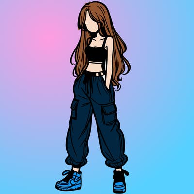 girl in baggy pants crop top and long hair