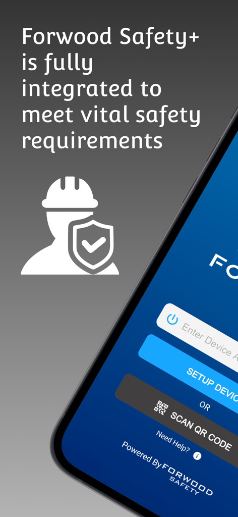 Forwood Safety+ - Forwood Safety plus app setup screen featuring a safety worker icon and options to enter device ID or scan a QR code