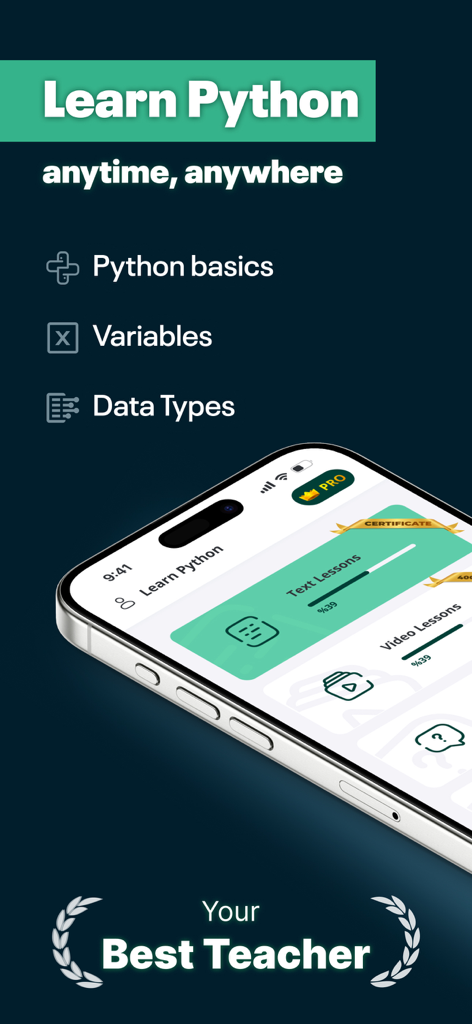 Mobile app interface for learning Python basics with text and video lessons