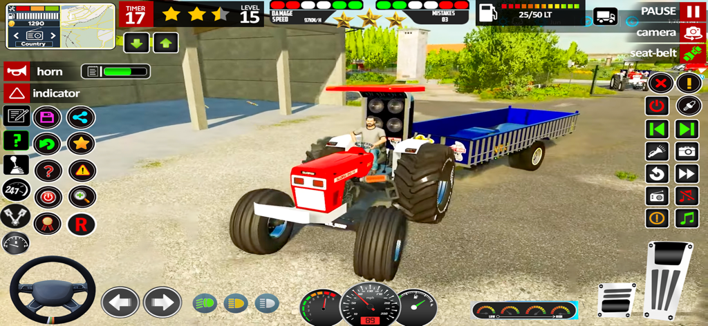 Tractor Games: Tractor Driving - A red tractor pulling a blue trailer in a farming simulation game with a detailed dashboard and controls