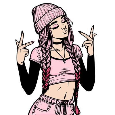 realistic teenage girl with braids and a beanie and crop top doing 🫶🏼