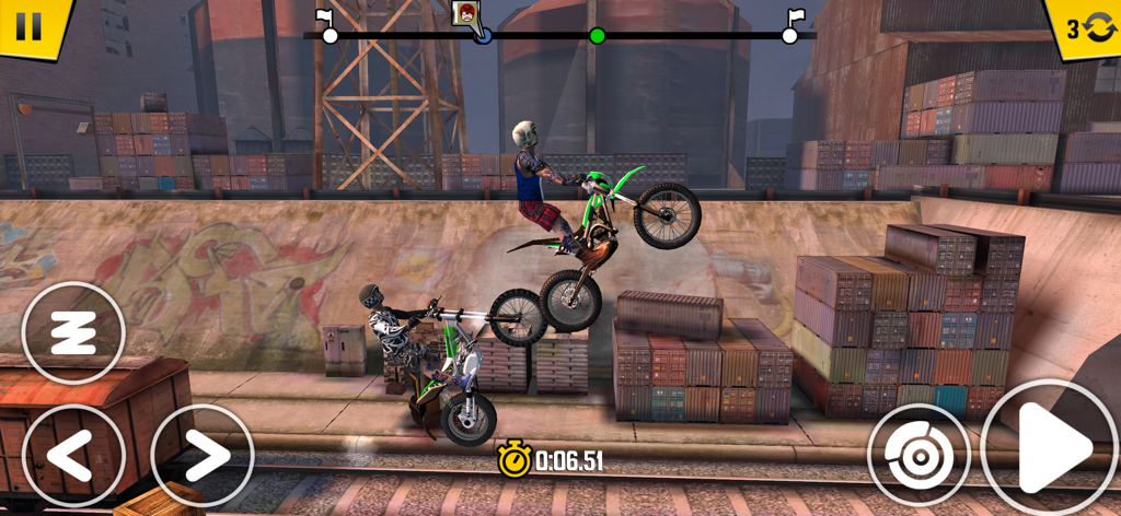 Dirt bike riders racing and performing stunts across shipping containers in an industrial shipyard setting.