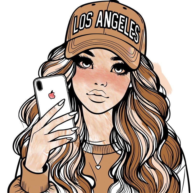 realistic beautiful girl wearing los ángeles cap holding an iphone